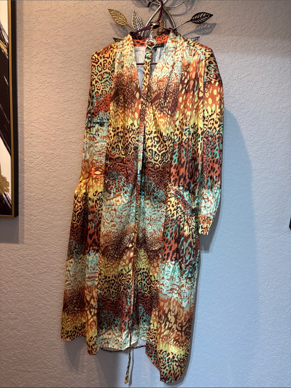 NWOT- Brown & Teal Animal Print Long Dress- 46 inches long